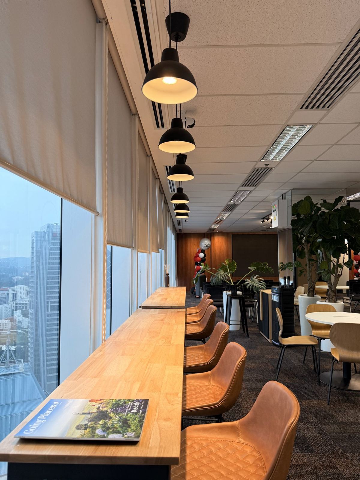 Skyline bar counter with pendant lights